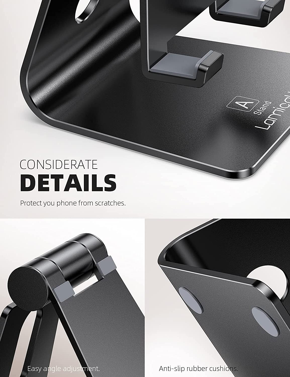 Adjustable Cell Phone Stand, Desk Phone Holder, Cradle, Dock, Compatible with Iphone 17 16 15 14 Air plus Pro Pro Max 13 12 X XS, 4-8" Phones, Office Accessories Gifts, All Smartphone, Black