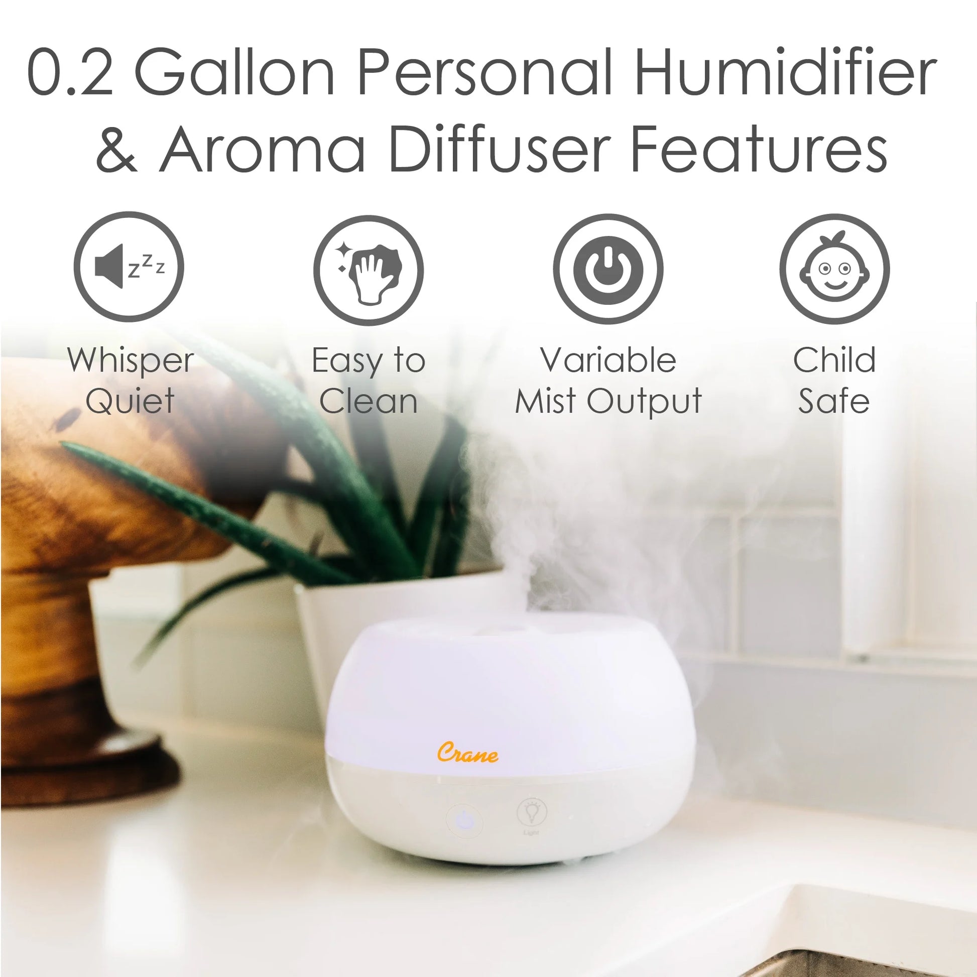 Crane Personal Ultrasonic Cool Mist Tabletop Humidifier 0.2-Gallon for Rooms 160 Sq. Ft. White